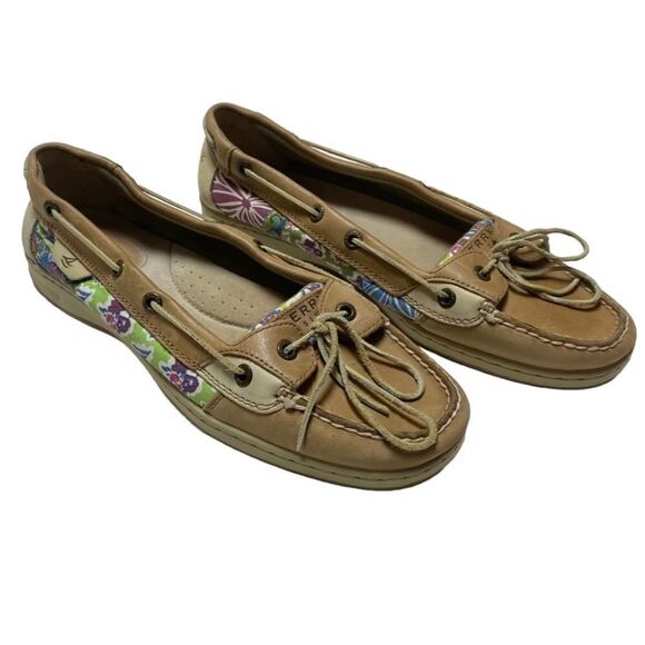 Sperry Women’s Top Sider Tan Leather Floral Print Slip On Boat Shoes Sz 10 - Picture 1 of 11